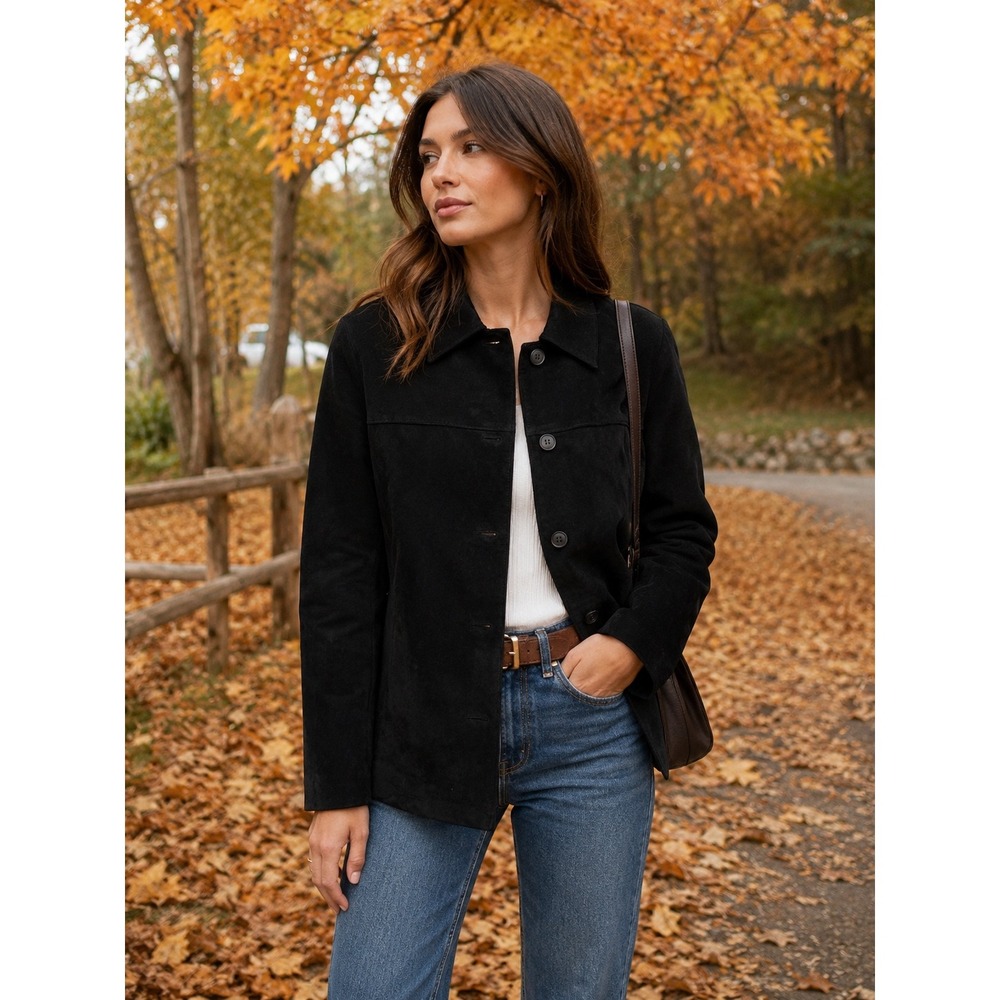 Clio Womens Vtg Black 100% Leather Suede Button Front Shirt Jacket Size 8
